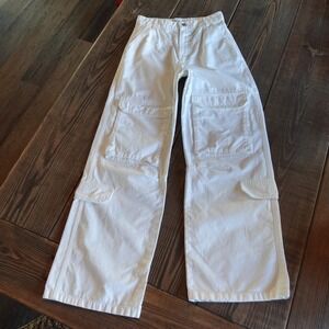 ZARA Wide Leg‎ Cargo Pants White Denim Utility Pockets High Rise Womens Size 2